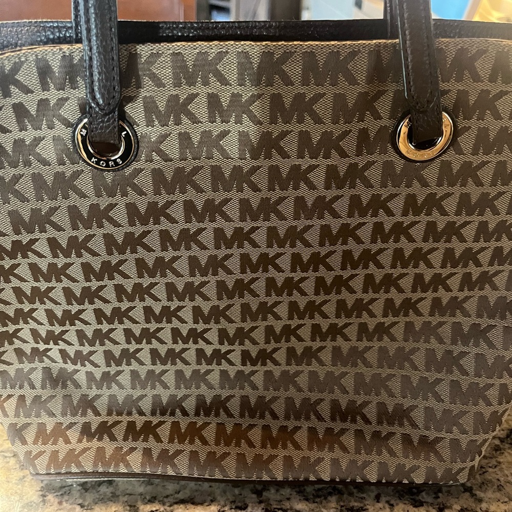 Michael Kors Black and Brown Tote with Iconic MK Pattern